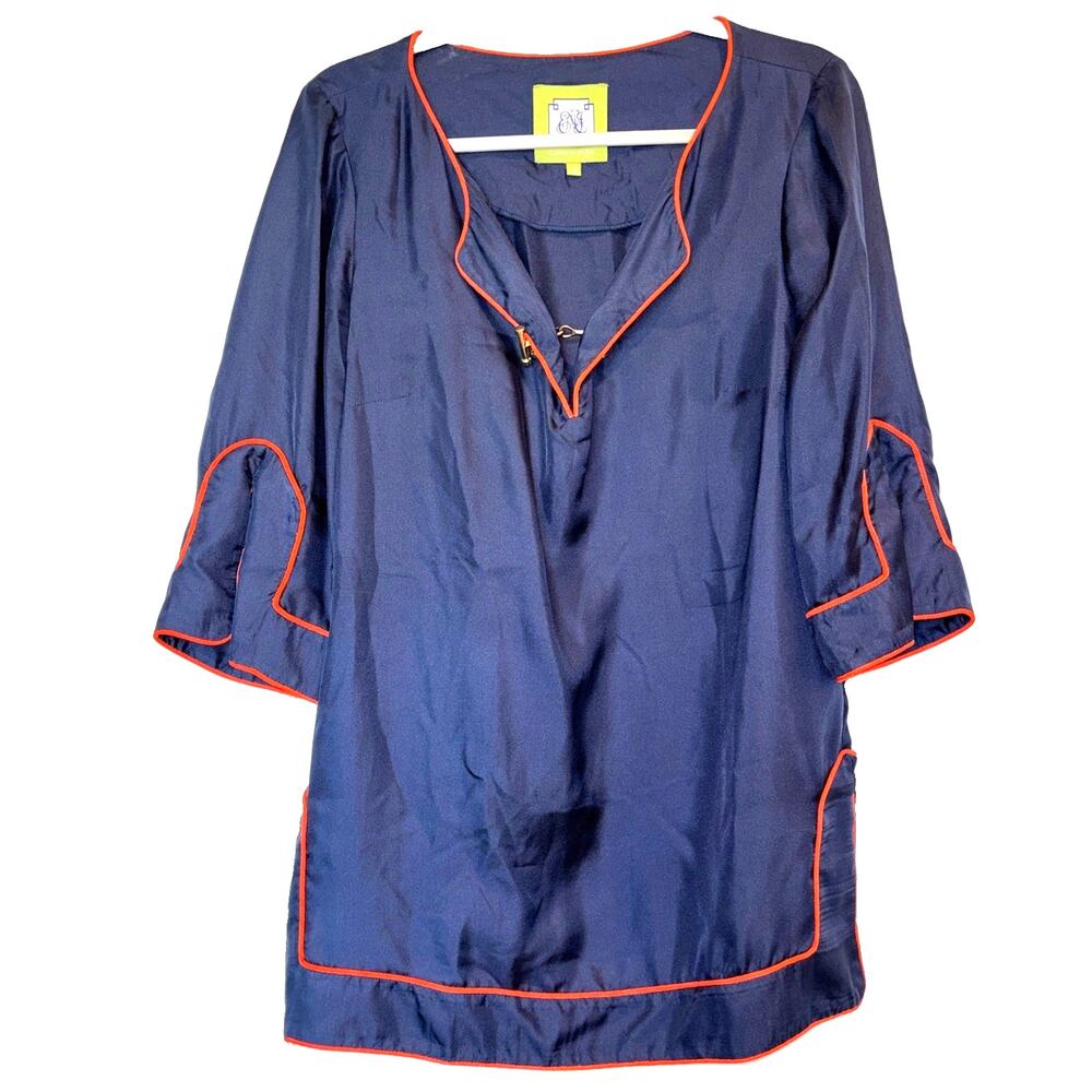 Elizabeth McKay Tunic Silk Blouse sz 6 Navy Blue Orange Trim V Neck Top Nautical